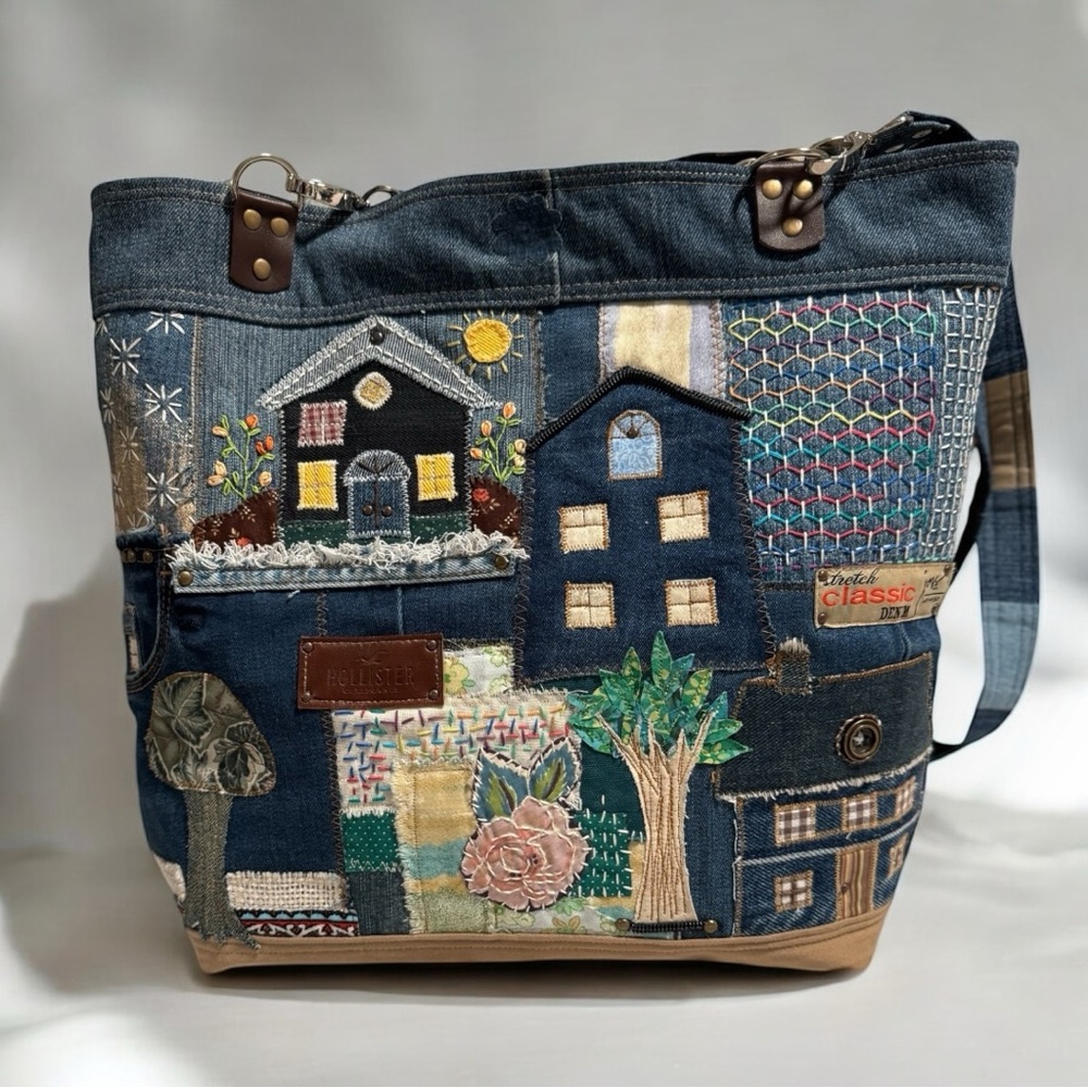 Dream Village Tote–Sashiko boro and Patchwork Denim Bag - by Indigo Threads